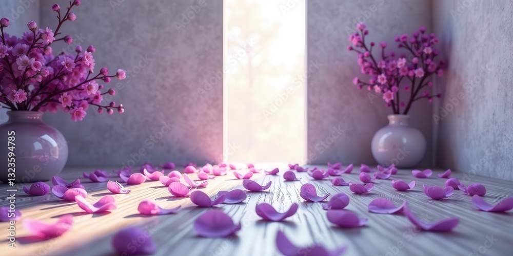 Obraz premium Serene Light Illuminates Delicate Pink Blossoms and Scattered Petals on a Wooden Surface