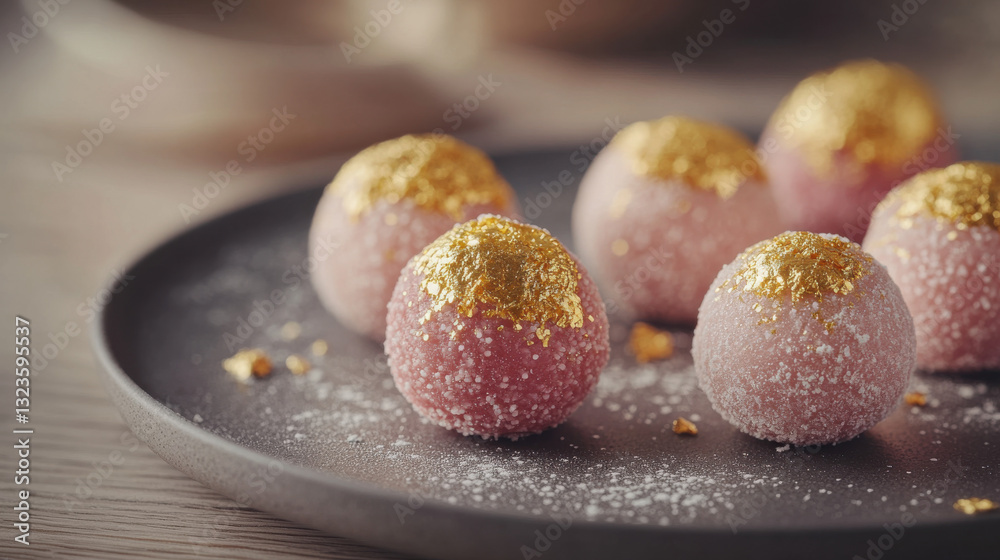 A collection of pastel-colored chocolate truffles, each delicately decorated with edible gold leaf and intricate icing patterns, displayed on a single-tone matte plate A collection of pastel-colored chocolate truffles, each delicately decorated with edible gold leaf and intricate icing patterns, displayed on a single-tone matte plate