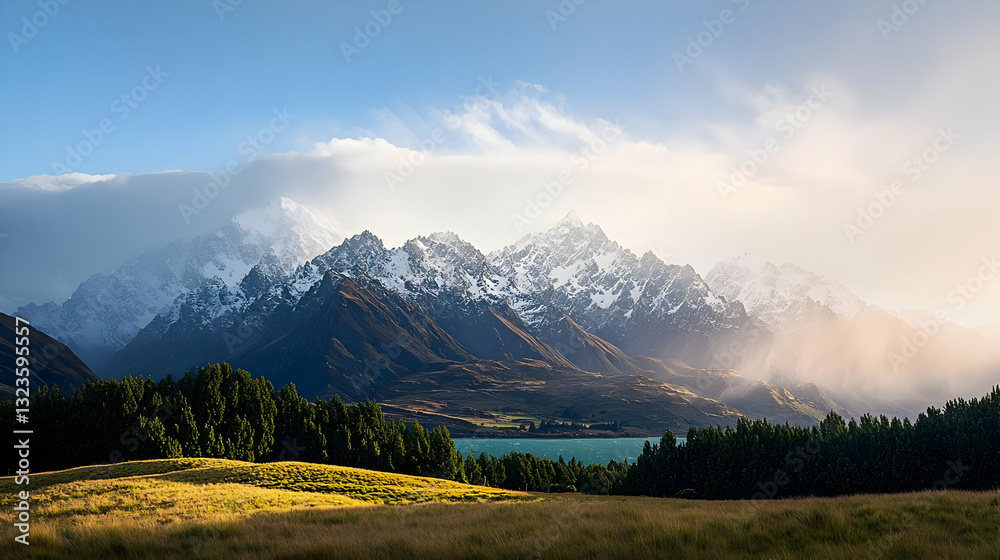 Fototapeta premium Panoramic View Of Snow Capped Mountain Range Beside Calm Lake Under Partly Cloudy Sky In Golden Hour