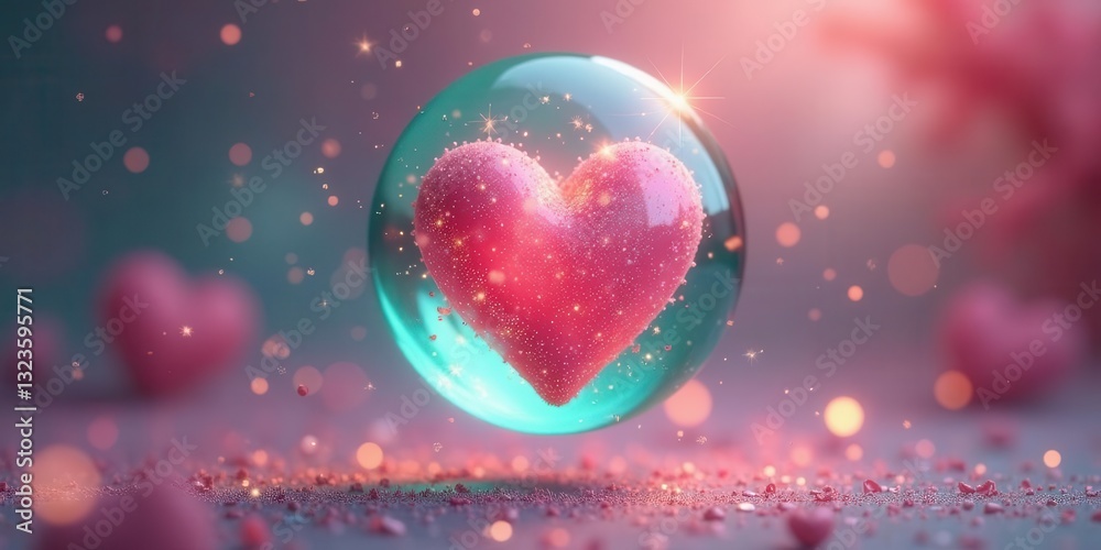 Enchanted Pink Heart Suspended in a Shimmering Orb, Surrounded by Sparkling Dust and Glowing Hearts Enchanted Pink Heart Suspended in a Shimmering Orb, Surrounded by Sparkling Dust and Glowing Hearts
