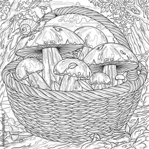Basket of porcini mushrooms in the forest.Coloring book antistress for children and adults.