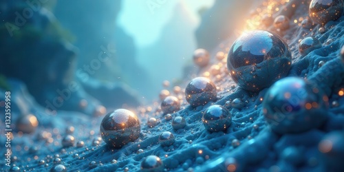 Abstract Sparkling Spheres on a Textured Surface, Glowing with Inner Light and Subtle Depth of Field Effects, Evoking a Sense of Wonder and Mystery
