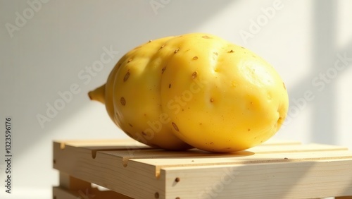 A Single, Oddly Shaped, Pale Yellow Potato Rests on a Simple Wooden Crate in Soft, Natural Light