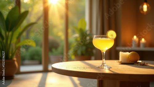 Golden Hour Cocktail on Wooden Table with Warm Lighting and Greenery