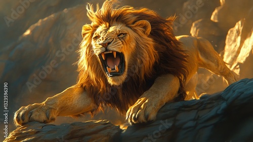 A ferocious lion roaring intensely stands atop rocks with a vibrant golden mane.
