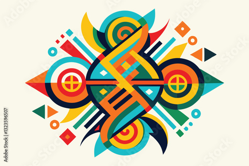 Vibrant geometric illustration featuring colorful abstract shapes and patterns in a symphonic arrangement of lines and curves