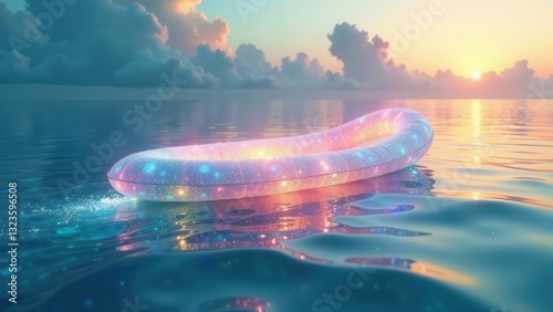A luminous inflatable boat drifts serenely on the tranquil ocean at sunset, its iridescent surface reflecting the warm golden light.