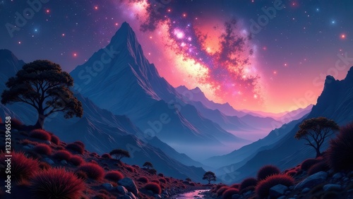 Serene Mountain Valley Under a Vibrant Starry Sky with a Tranquil Stream