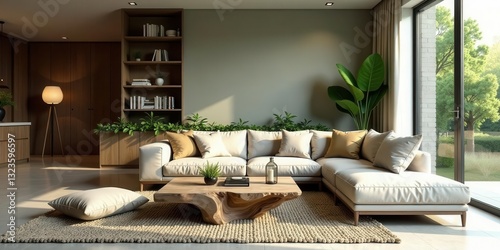 Modern Sectional Sofa in a Sunlit Living Room with Lush Greenery and Wooden Accents