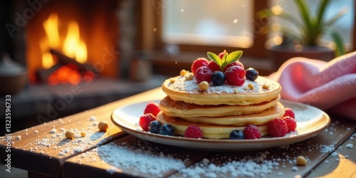 A delightful stack of fluffy pancakes, adorned with a medley of fresh raspberries, blueberries, and a dusting of powdered sugar, sits on a rustic wooden table near a warm, inviting fireplace.