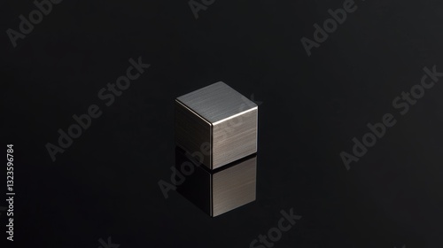 a realistic low-angle product photo, high end product, small 1 inch tungsten cube, metal cube, brushed metal surface, resting on slightly reflective black surface, black background. Subtle accent ligh