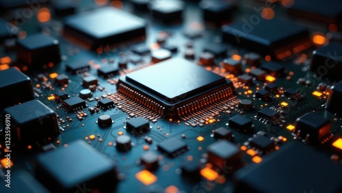 Close-up view of a complex circuit board showcasing intricate technological components and glowing connections.