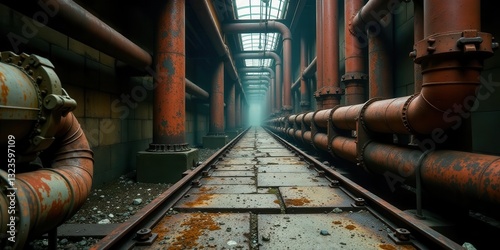 A Pathway Through Time An Eerie Industrial Passageway with Rusting Pipes and a Weathered Rail Line