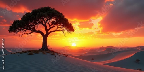 Serene Desert Sunset A Solitary Tree Silhouetted Against a Vibrant Sky and Rolling Sand Dunes