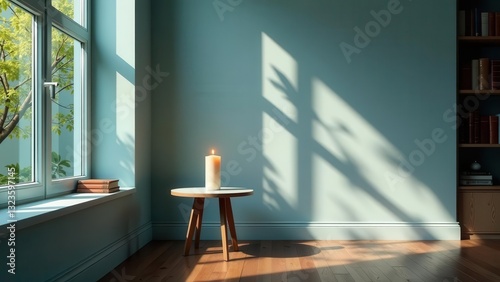 Serene Interior Scene with Lit Candle on Small Table, Sunlight Streaming Through Window, and Bookshelf