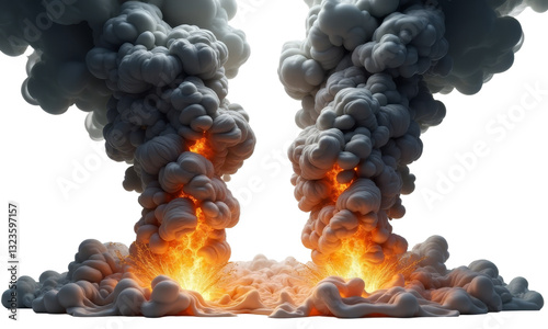 Dual Cloud Formations with Fiery Explosions and Transparent Background