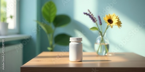 Sunlight illuminates a blank supplement bottle on a wooden table, with a vase of flowers in soft focus in the background
