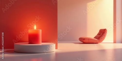 Serene interior scene featuring a lit candle on a minimalist pedestal, bathed in warm sunlight, adjacent to a comfortable chaise lounge.