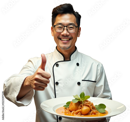 Obraz na płótnie Enthusiastic chef with a plate of food and a thumbs up, transparent background w salonie