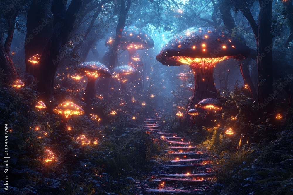 Glowing bioluminescent mushrooms in an enchanted forest Glowing bioluminescent mushrooms in an enchanted forest