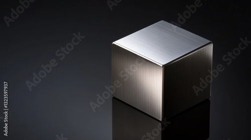 a realistic low-angle product photo, high end product, small 1 inch tungsten cube, metal cube, brushed metal surface, resting on slightly reflective black surface, black background. Subtle accent ligh