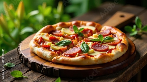 A Delicious Homemade Pizza with Pepperoni and Cheese on a Rustic Wooden Board Outdoors