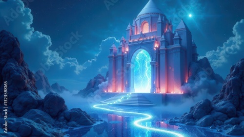 Mystical Night Scene An Enigmatic Archway of Light Beckons from a Serene, Elevated Stone Structure, Surrounded by Misty Mountains and a Glowing Celestial Path