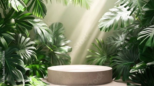 A product display platform surrounded by lush green tropical foliage