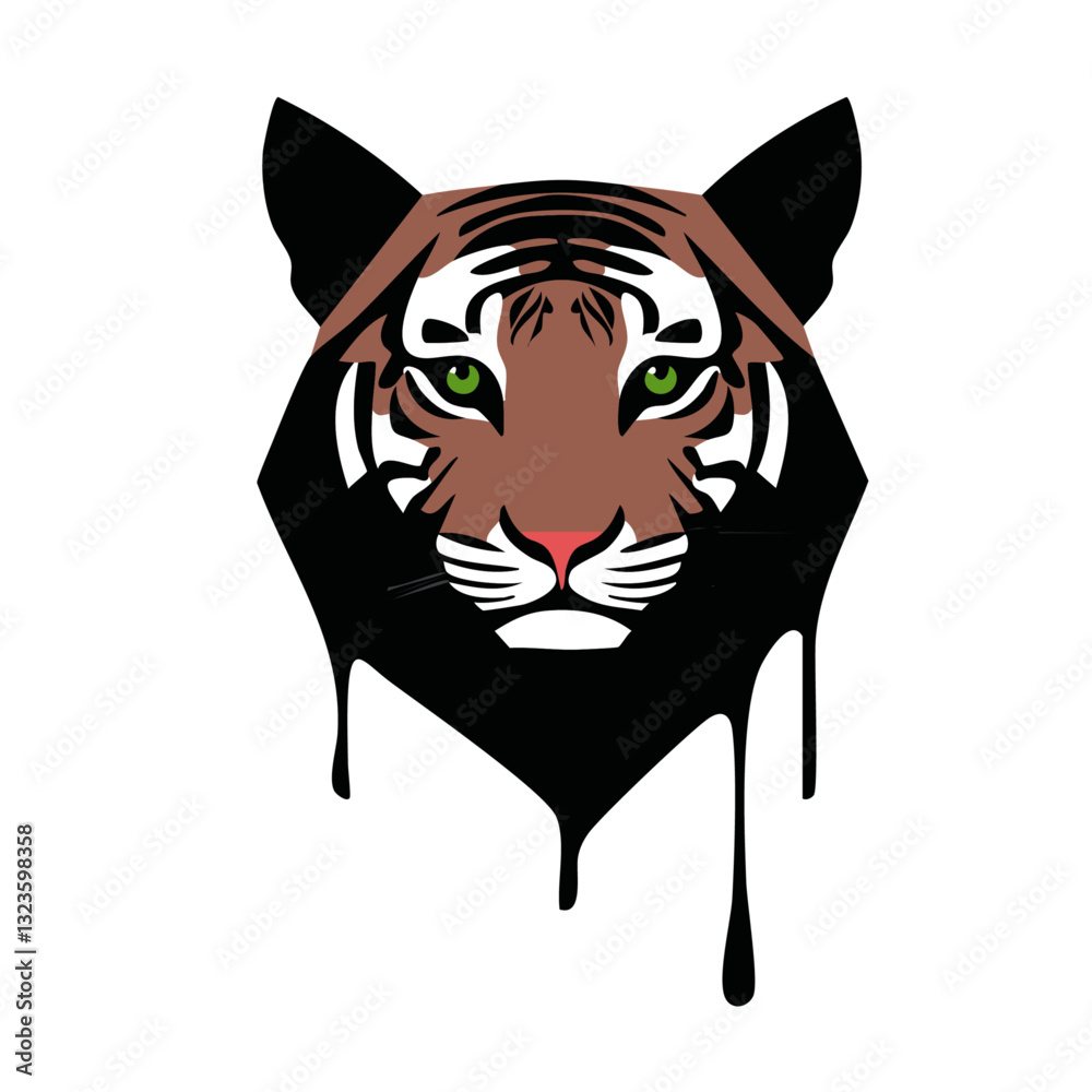 Portrait of a cute tiger, dripping liquid colors vector icon design