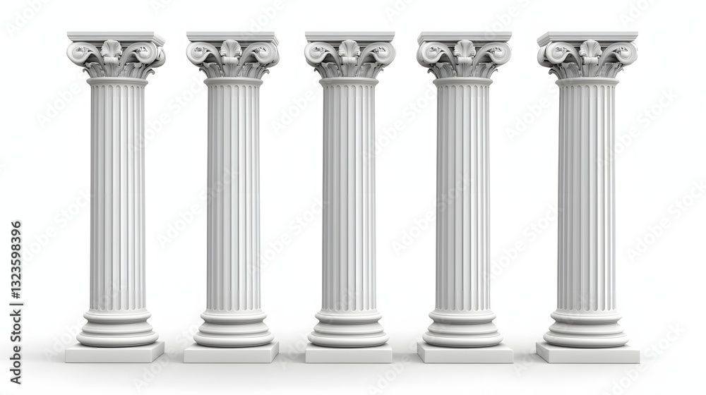 Row of Elegant White Classical Columns with Decorative Capitals on a Plain Background Row of Elegant White Classical Columns with Decorative Capitals on a Plain Background