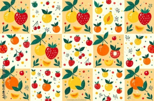 A seamless and vibrant pattern featuring an assortment of colorful fruits and decorative elements, arranged in square blocks. For fabric prints, wrapping paper, or lively graphic projects.