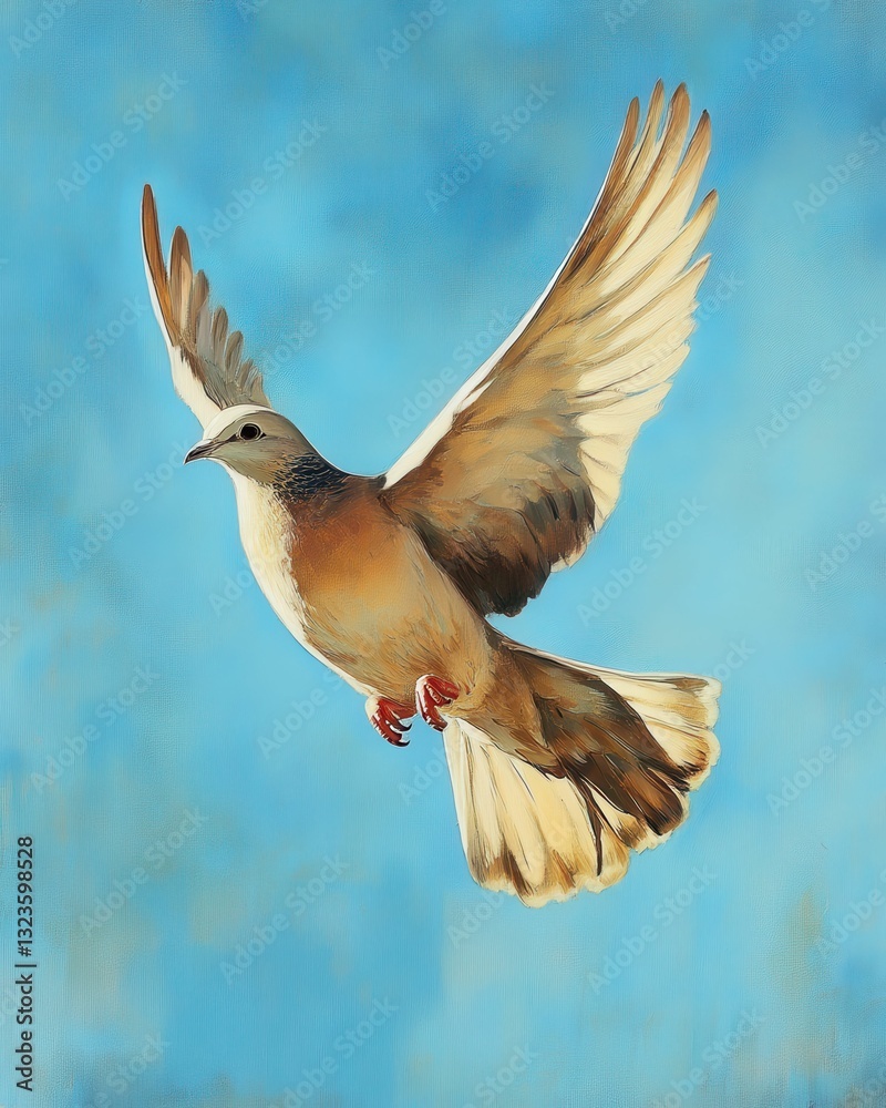 Naklejka premium Mourning Dove Landing in Flight. Majestic Bird Soaring in Blue Sky