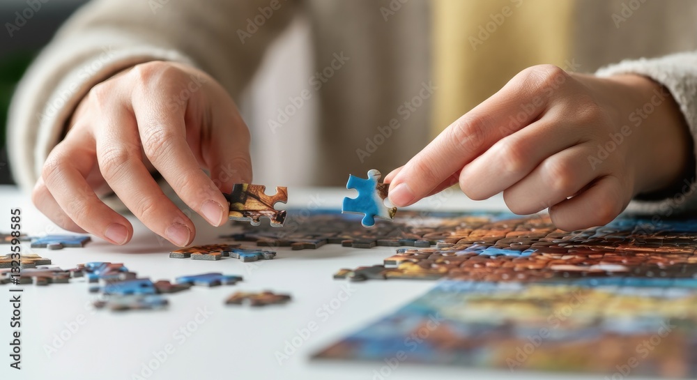 Close-up of hands assembling jigsaw puzzle pieces on table Close-up of hands assembling jigsaw puzzle pieces on table