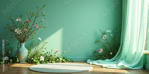 Serene Springtime Interior Design with Pastel Green Walls, Floral Arrangements, and Soft Drapes