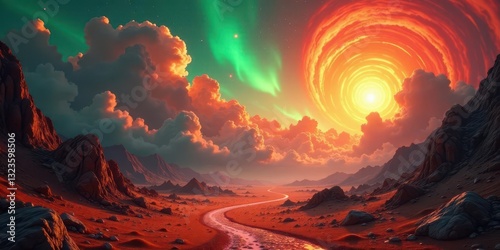A Serene Journey Through an Alien Landscape Under a Fiery Celestial Vortex and Aurora