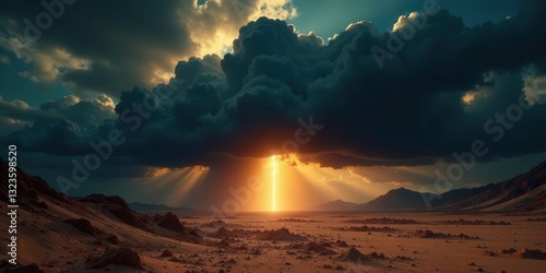 Golden Light Piercing Through Dramatic Storm Clouds Over a Desolate, Rocky Landscape