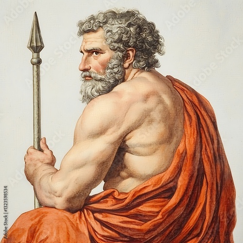 Classical Figure Painting A Powerful Muscled Man with a Spear.
