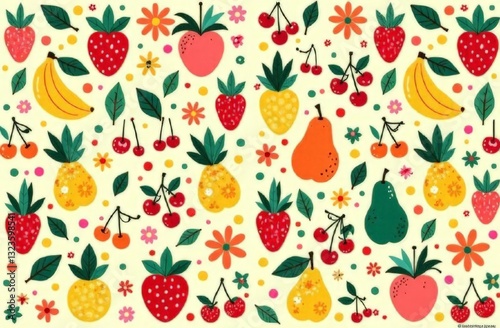A seamless and vibrant pattern featuring an assortment of colorful fruits and decorative elements, For fabric prints, wrapping paper, or lively graphic projects.
