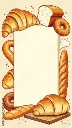 A hand-drawn illustration of an assortment of bread and pastries, including croissants, bagels, white bread slices, baguette  with a central frame for text. Vertical