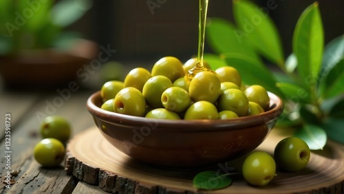 Golden liquid cascading over a bowl of vibrant green olives, nestled amongst lush foliage on a rustic wooden surface.
