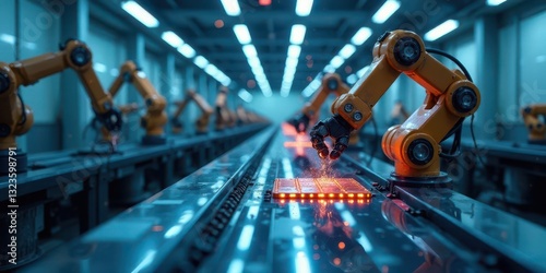 Automated Manufacturing Line Robotic Arms Precisely Handling Components on a Conveyor Belt in a Modern Factory Setting