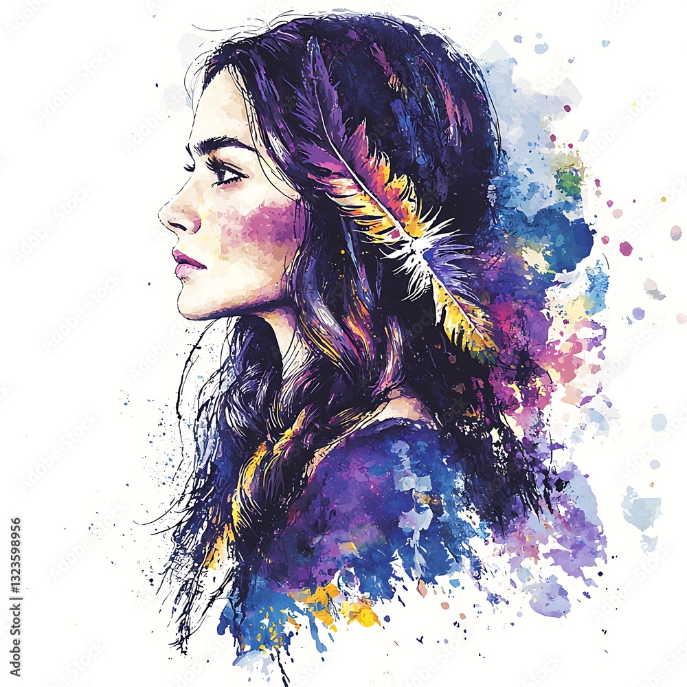Fototapeta premium Colorful Watercolor Portrait of a Woman with a Feather in Her Hair. A stylish and artistic illustration ideal for fashion, beauty, or design projects.