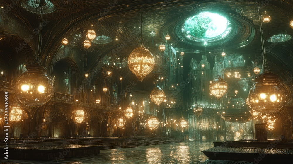 Fototapeta premium FuturisticCyber Futuristic Scene View Castle Cyber-lanterns