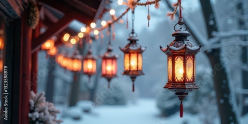 Winter Wonderland Illuminated by a String of Glowing Lanterns Hanging from a Snowy Branch