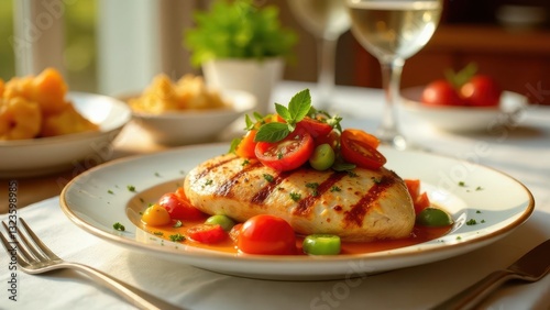 Grilled chicken breast with roasted cherry tomatoes and a vibrant herb sauce, garnished with fresh mint, served on a pristine white plate alongside other delectable dishes