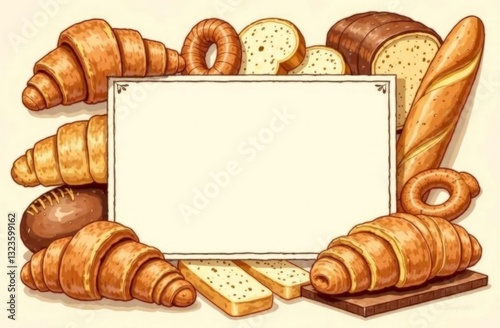 A hand-drawn illustration of an assortment of bread and pastries, including croissants, bagels, white bread slices, baguette  with a central frame for text