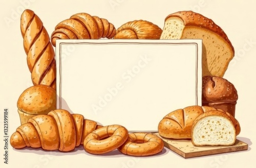 A hand-drawn illustration of an assortment of bread and pastries, including croissants, bagels, white bread slices, baguette  with a central frame for text