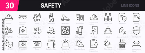 Set of 30 outline icons related to work safety. This outline icon set includes protection, emergency, first aid, evacuation, fire, danger warnings, and more. Editable stroke. Vector illustration