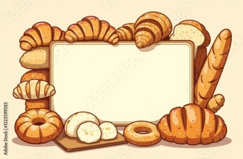 A hand-drawn illustration of an assortment of bread and pastries, including croissants, bagels, white bread slices, baguette  with a central frame for text