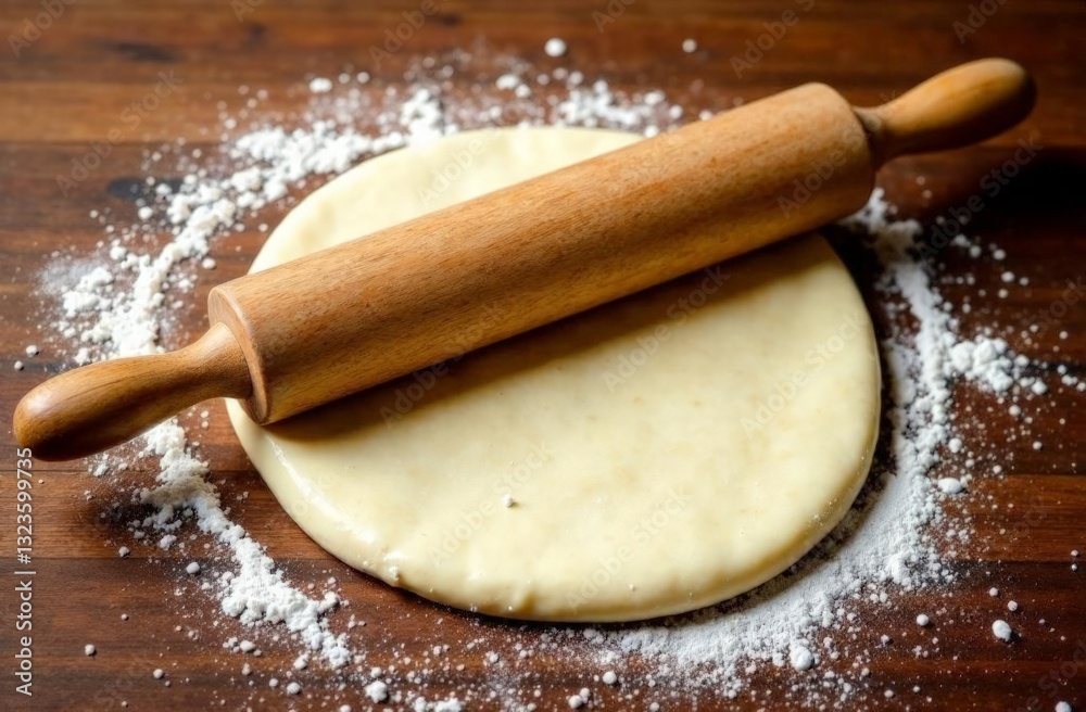 top of view of wooden rolling pin lying on rolled dougha and floured surface top of view of wooden rolling pin lying on rolled dougha and floured surface